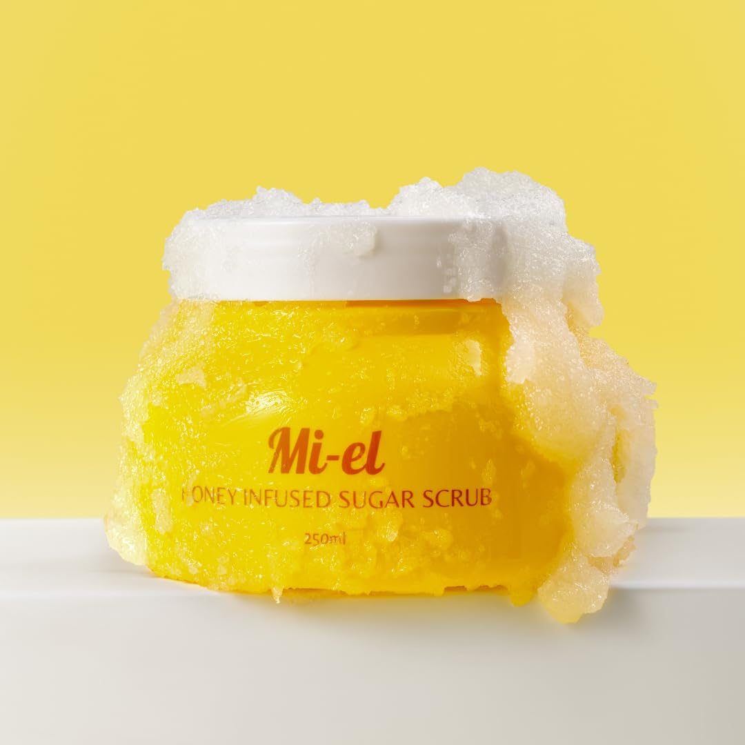 Mi-el Honey Infused Sugar Scrub bottle closeup for pre-shave prep.
