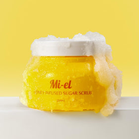 Mi-el Honey Infused Sugar Scrub bottle closeup for pre-shave prep.