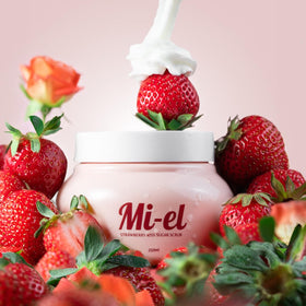 Miel Mi-el Strawberry Kiss Sugar Scrub bottle promotes smooth, radiant skin.