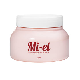 Miel Mi-el Strawberry Kiss Sugar Scrub ingredients close-up with coconut oil for hydration.