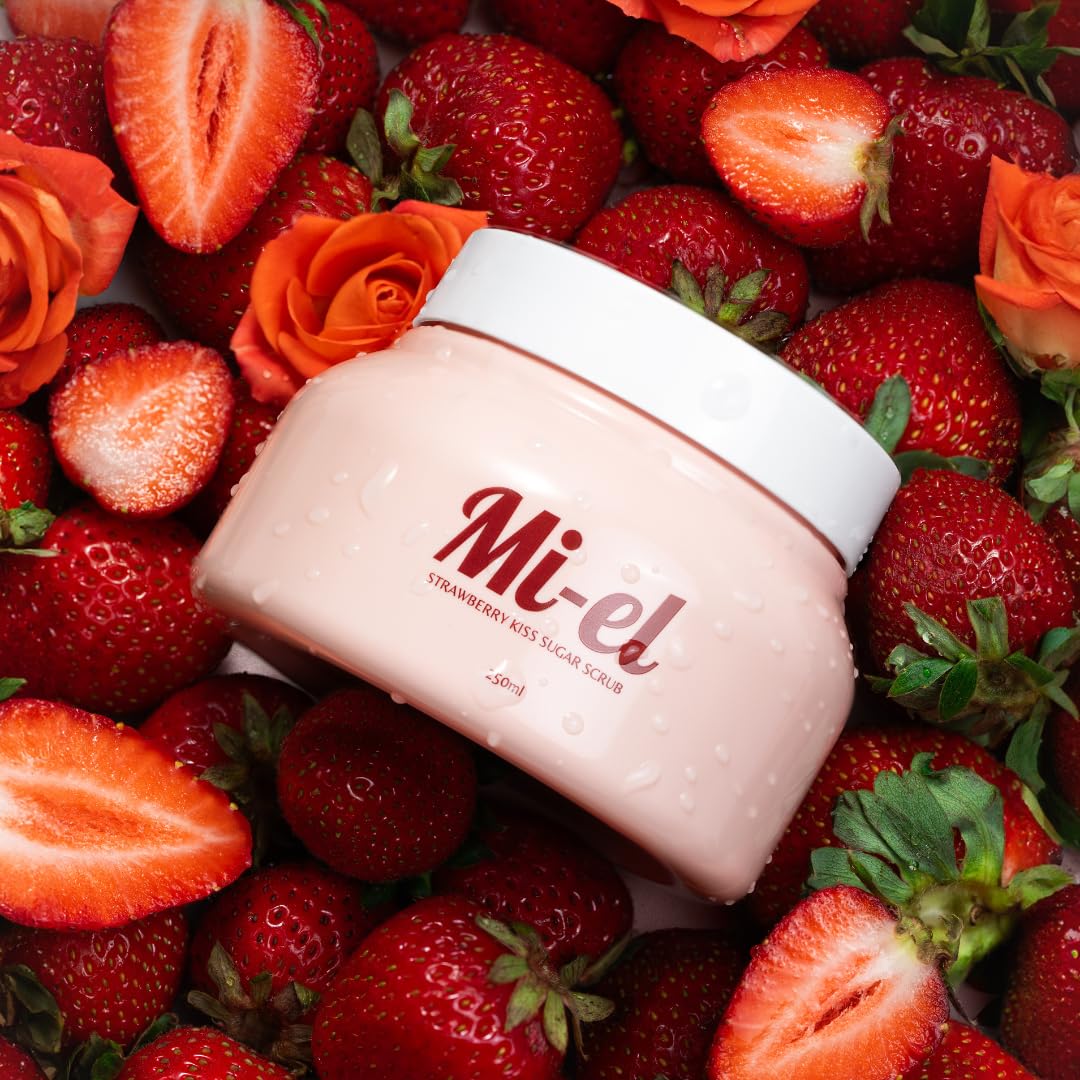 Mi-el Strawberry Kiss Sugar Scrub packaging shown for everyday body care.