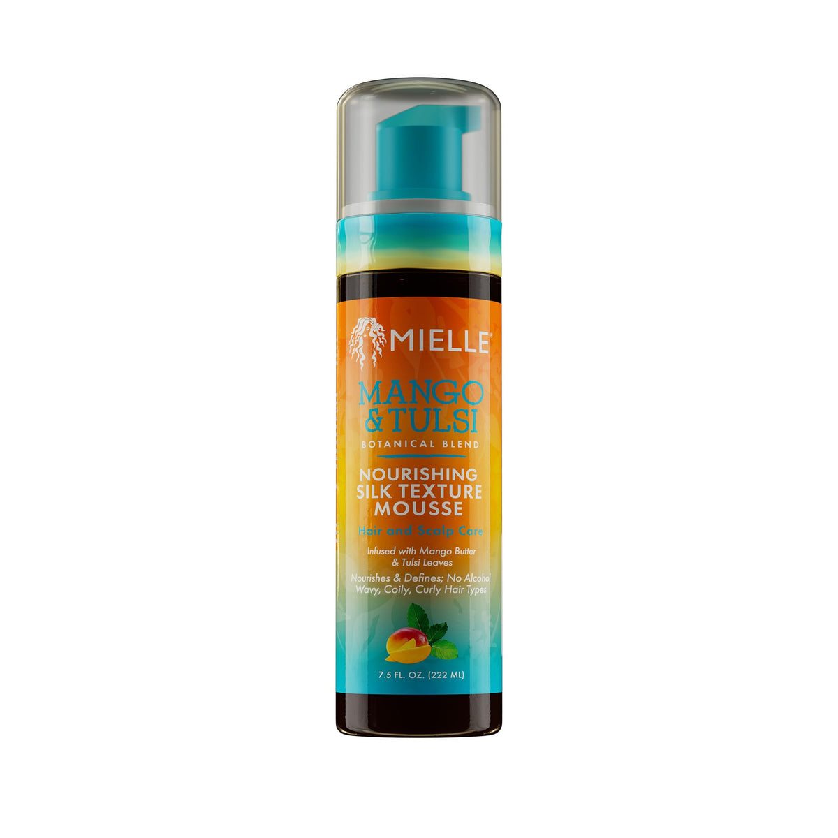 Mielle Mango Tulsi Nourishing Silk Mousse bottle pour supports smooth curl definition
