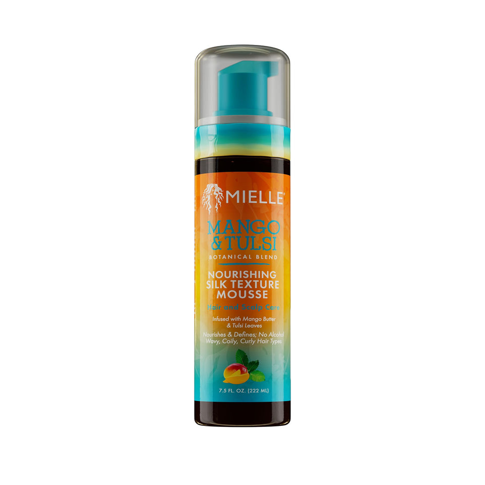 Mielle Mango Tulsi Nourishing Silk Mousse bottle pour supports smooth curl definition