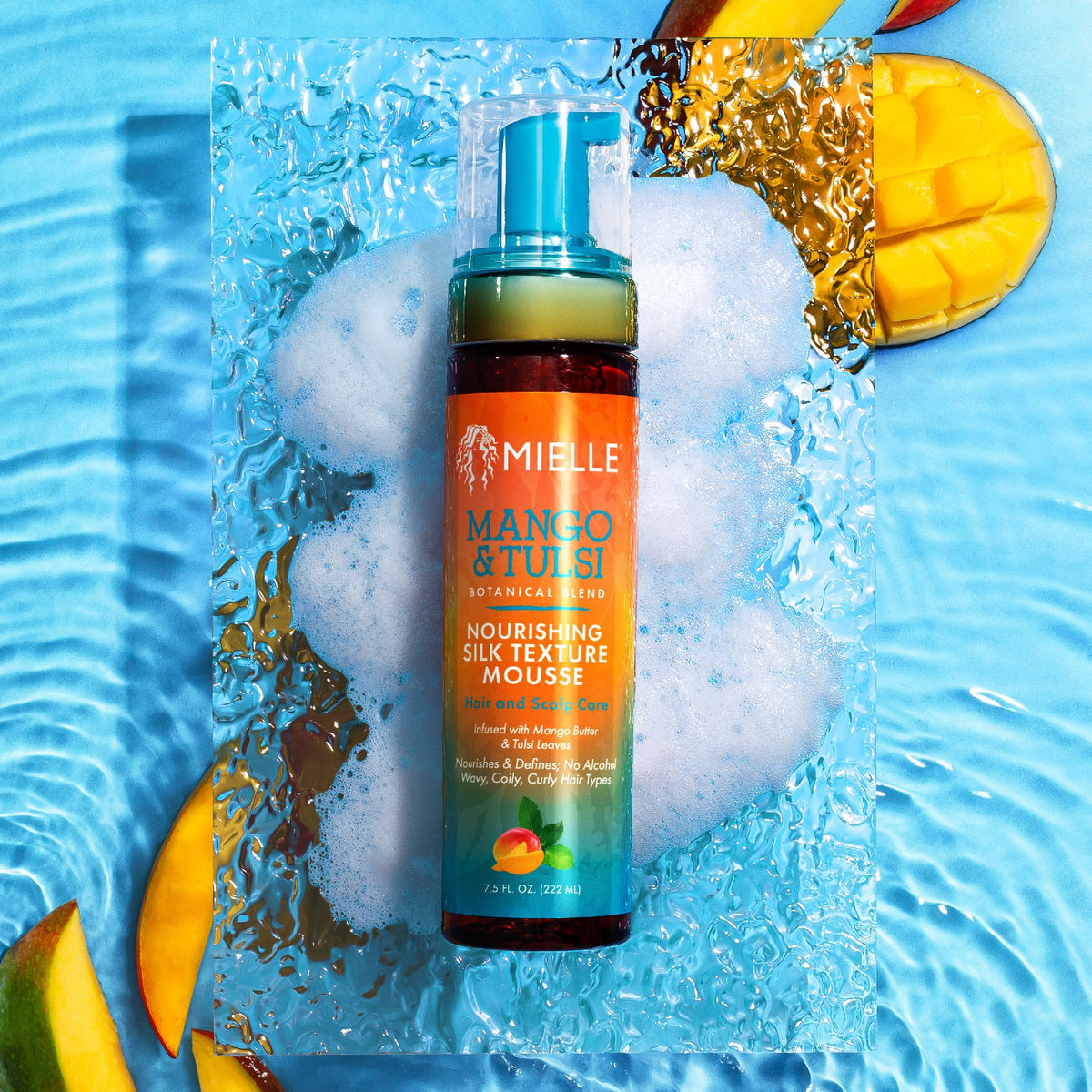 Mielle Mango Tulsi Frizz Control illustrates defined curls across textures
