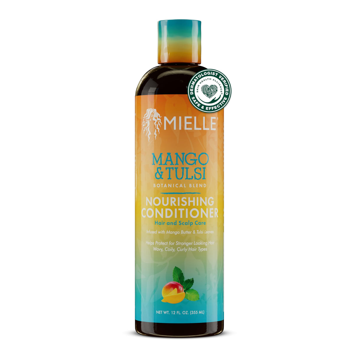 Mielle Organics Mango & Tulsi Nourishing Conditioner bottle on shelf for daily nourishment
