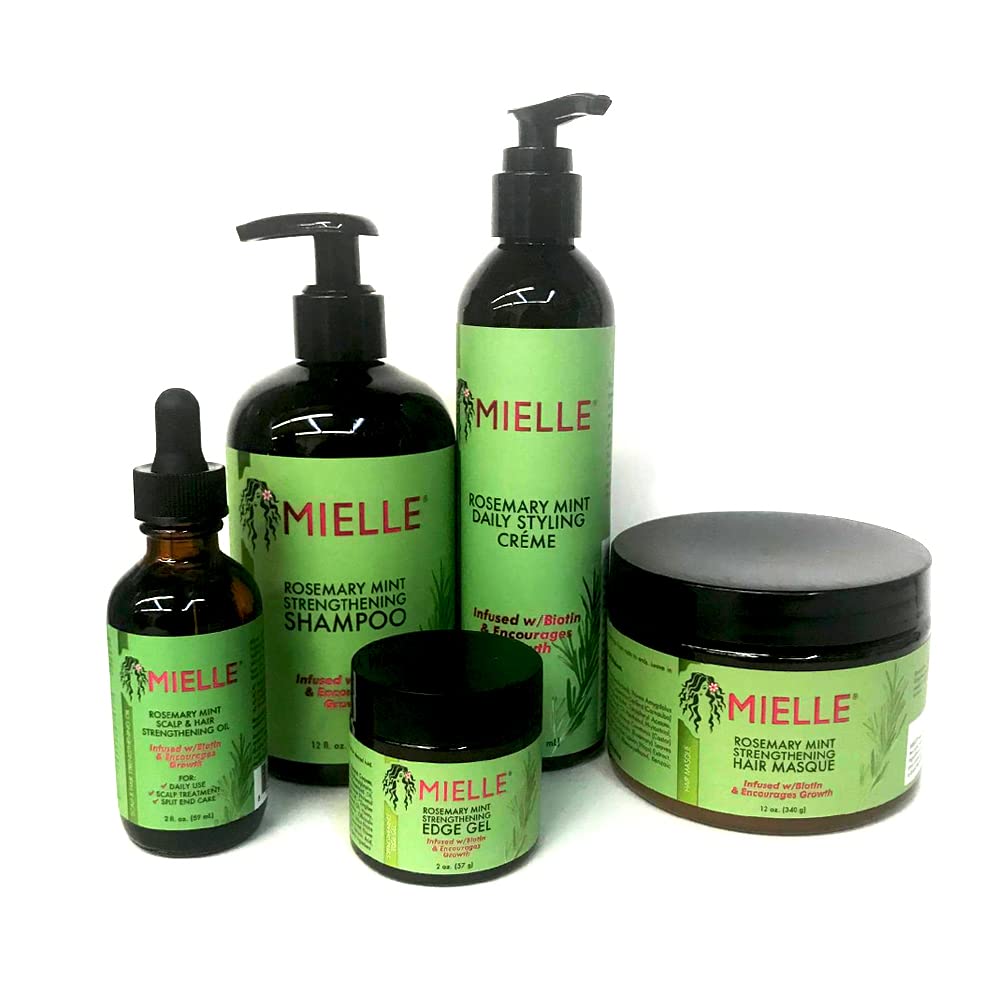 Mielle Rosemary Mint Strengthening Shampoo bottle cleanses and nourishes dry hair.