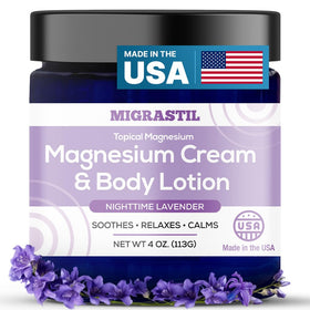 MIGRASTIL Nighttime Magnesium Cream bottle showcases calming lavender ritual benefits for unwinding.