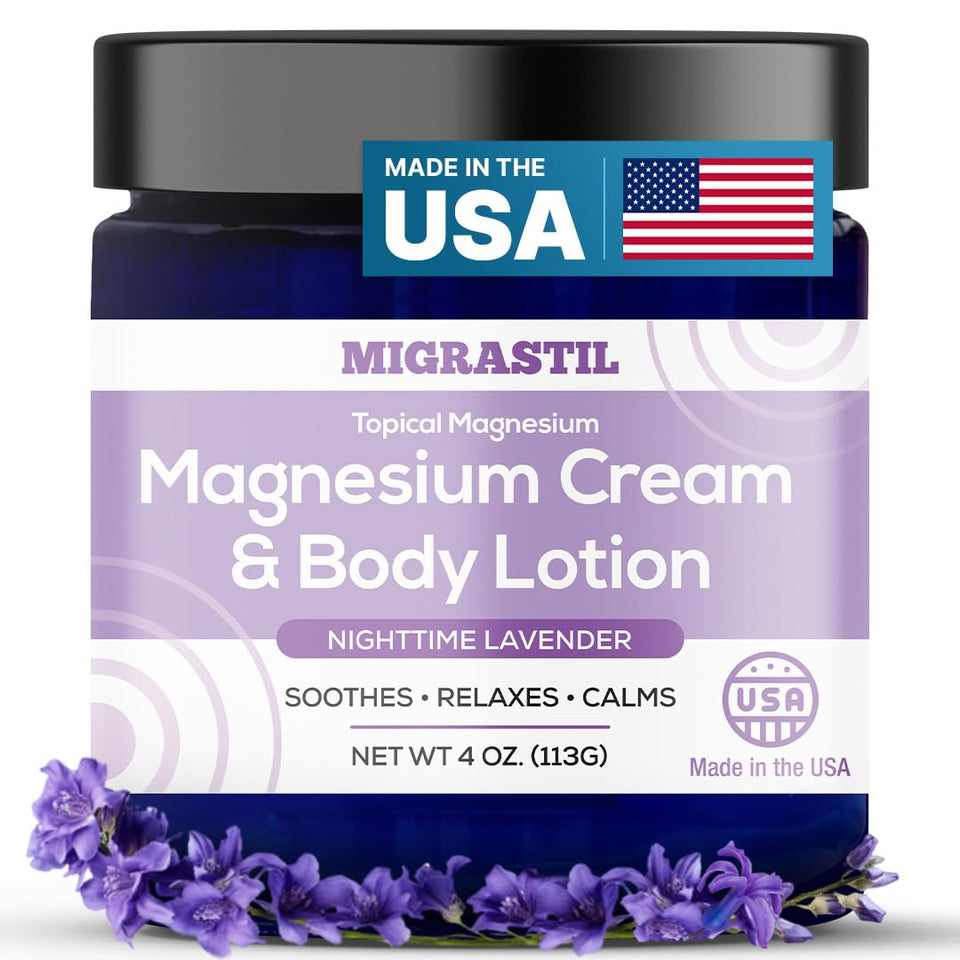 MIGRASTIL Nighttime Magnesium Cream bottle showcases calming lavender ritual benefits for unwinding.