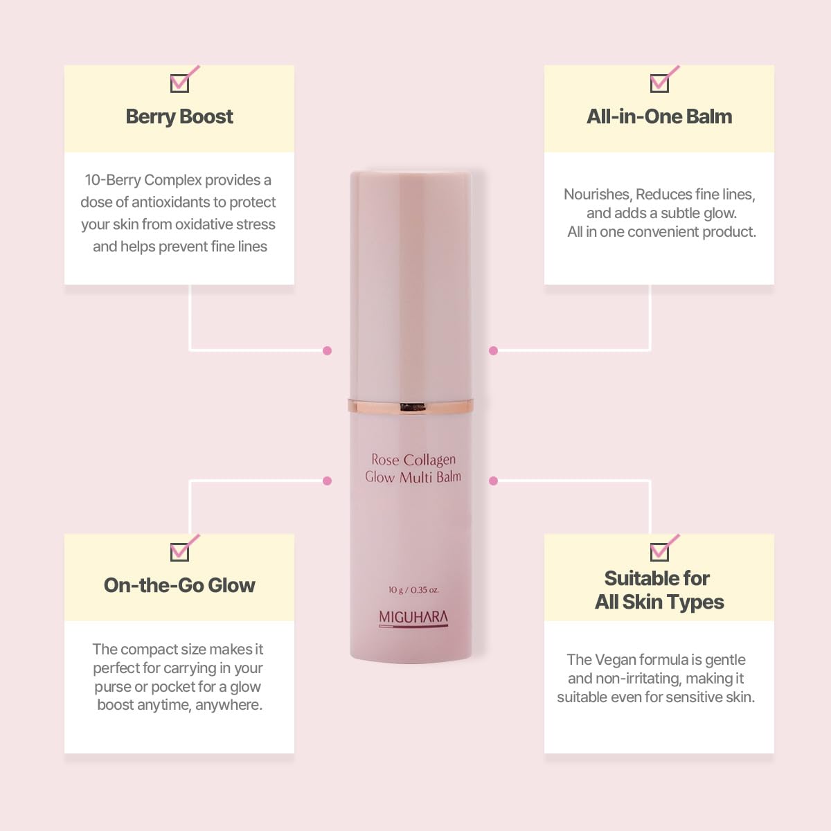 MIGUHARA Rose Collagen Glow Multi Balm application on cheek demonstrates subtle color