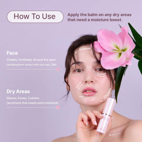 MIGUHARA Rose Collagen Glow Multi Balm in hand during use for quick touch-ups