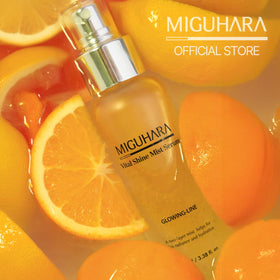 Miguhara Vital Shine Mist Serum packaging closeup emphasizes travel-friendly design.