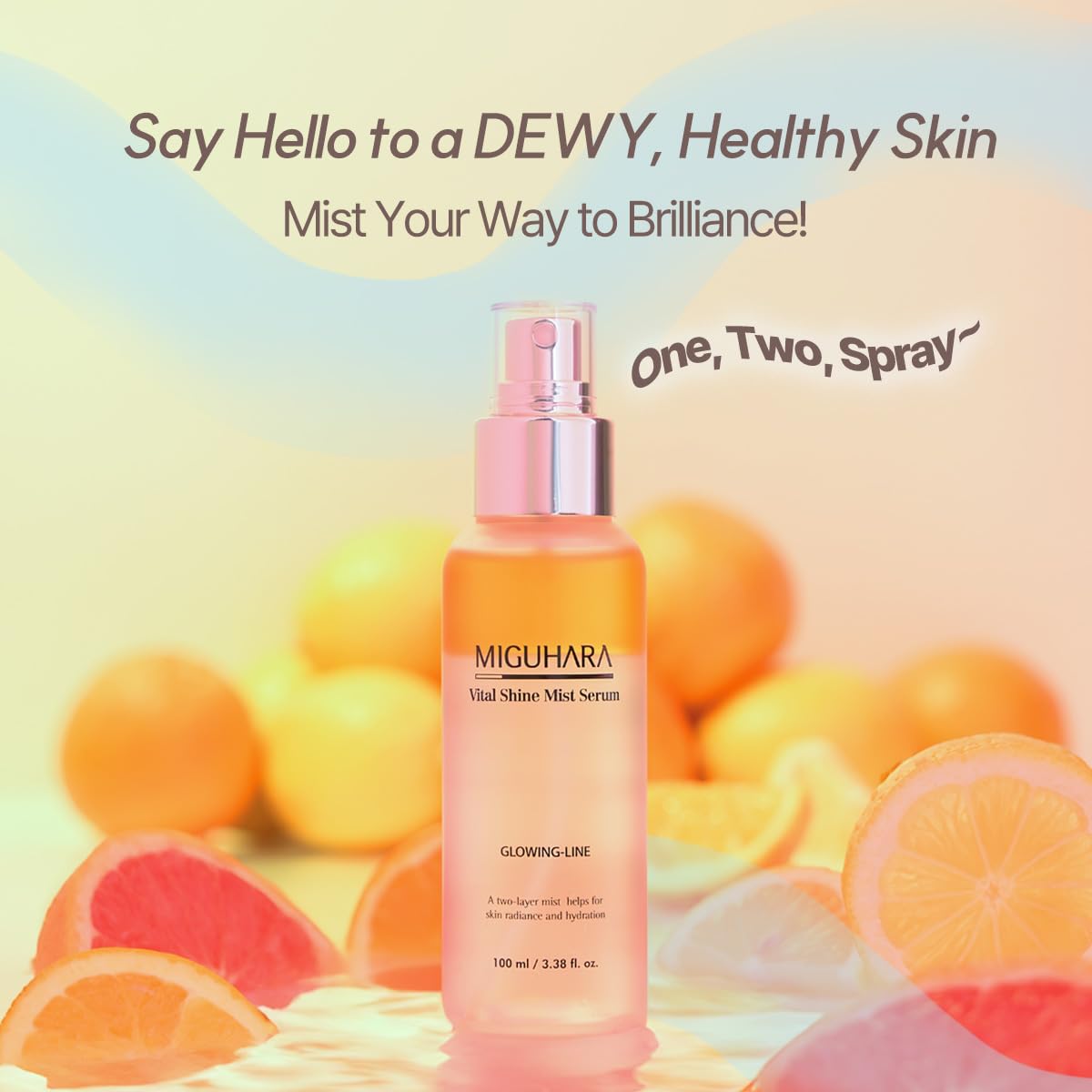 Miguhara Vital Shine Mist Serum spray delivering a fine mist for refreshing skin.