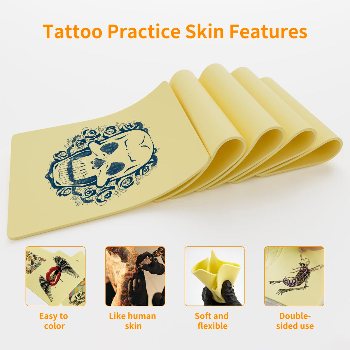 MIHERT 3mm-thick silicone tattoo practice skin, soft and stretchable for realistic feel.