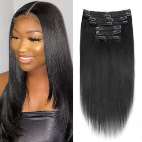 Mihugass 14 inch Yaki Straight clip-in extensions close-up showing natural color blend.