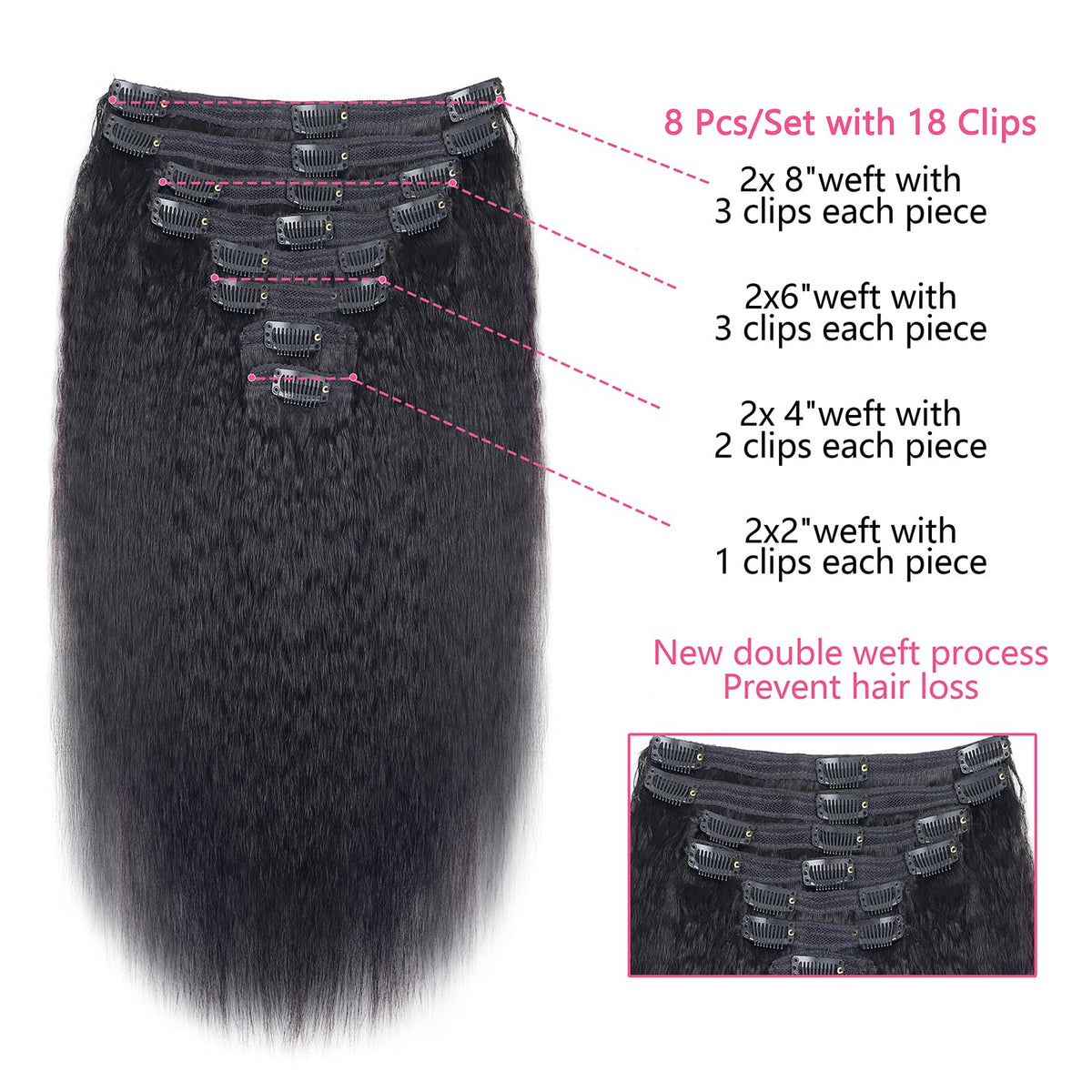 Mihugass Kinky Straight Clip-Ins clip-system closeup showing secure clips for stable day-long wear.
