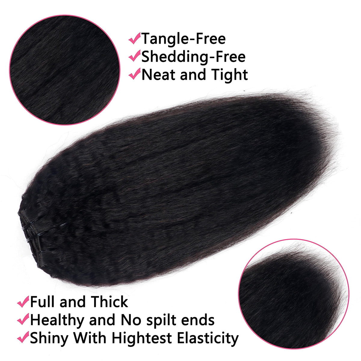 Mihugass Kinky Straight Clip-Ins natural color 1B closeup illustrates seamless blend with own hair.