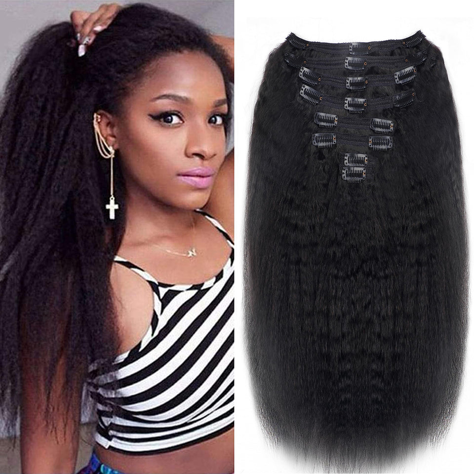 Mihugass Kinky Straight Clip-Ins pack front view for natural color blending and daily wear.