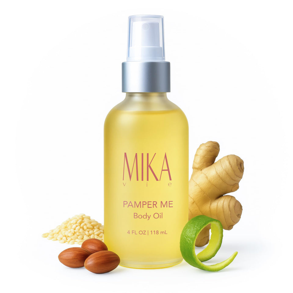 Mika Vie after shower oil bottle shines with organic sesame and jojoba oils for radiant hydration