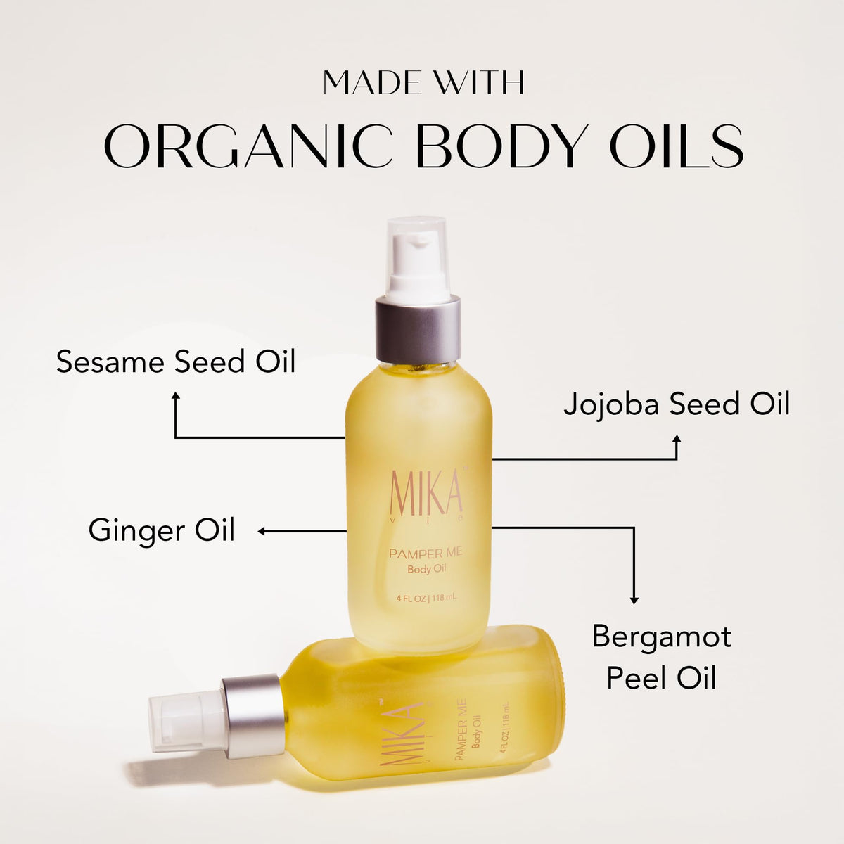 Mika Vie pump dispenser closeup shows easy, non-greasy post-shower application