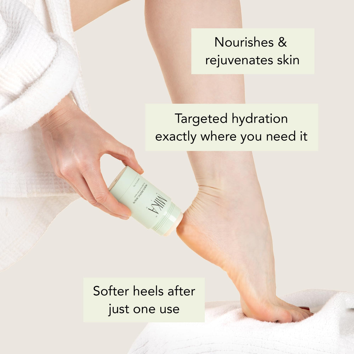 Mika Vie Urea Foot Balm Stick applied to heel for dry skin.