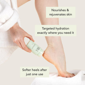 Mika Vie Urea Foot Balm Stick applied to heel for dry skin.