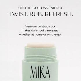 Mika Vie Urea Foot Balm Stick ingredients panel with urea and vitamin E.