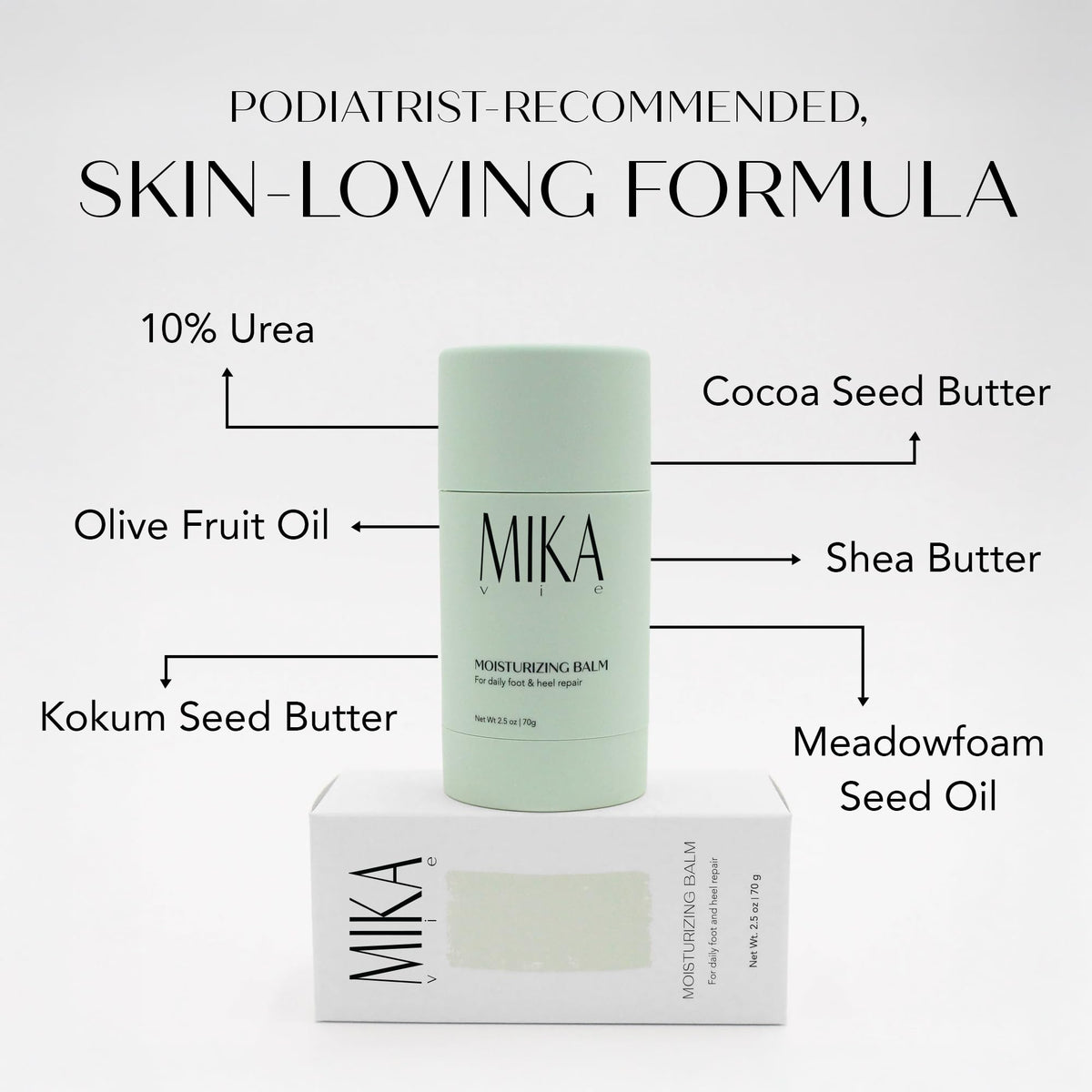 Mika Vie Urea Foot Balm Stick texture close-up shows creamy, non-greasy formula.