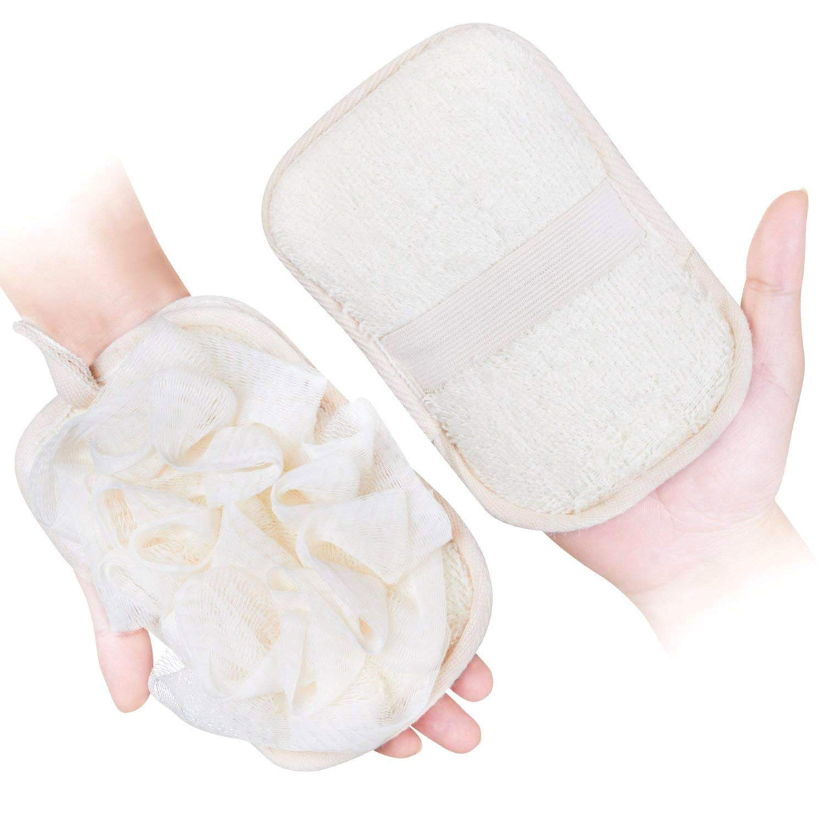 Mikimini bath loofah sponge two-pack creates rich lather for cleansing.