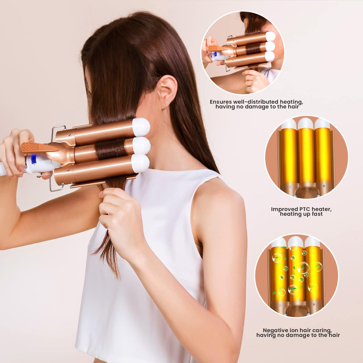 MiKoSoRu 3-barrel waves demonstrate natural texture on hair.