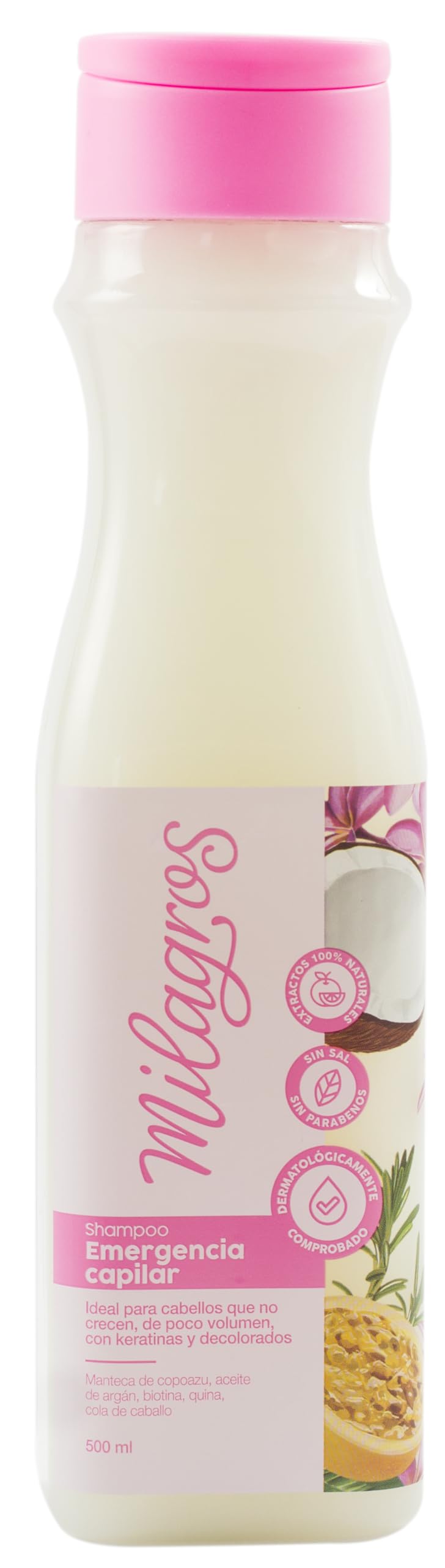 Milagros Emergencia Capilar Shampoo bottle front offering natural nourishment for healthier-looking hair