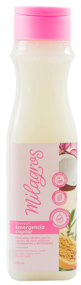 Milagros Emergencia Capilar Shampoo bottle front offering natural nourishment for healthier-looking hair