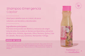 Milagros Emergencia Capilar Shampoo label closeup highlighting natural ingredients for gentle care