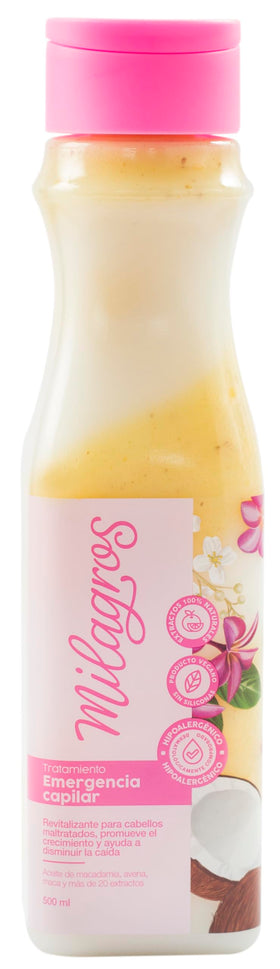 Milagros Emergency Hair Treatment bottle pour shows quick hydration potential for stressed strands