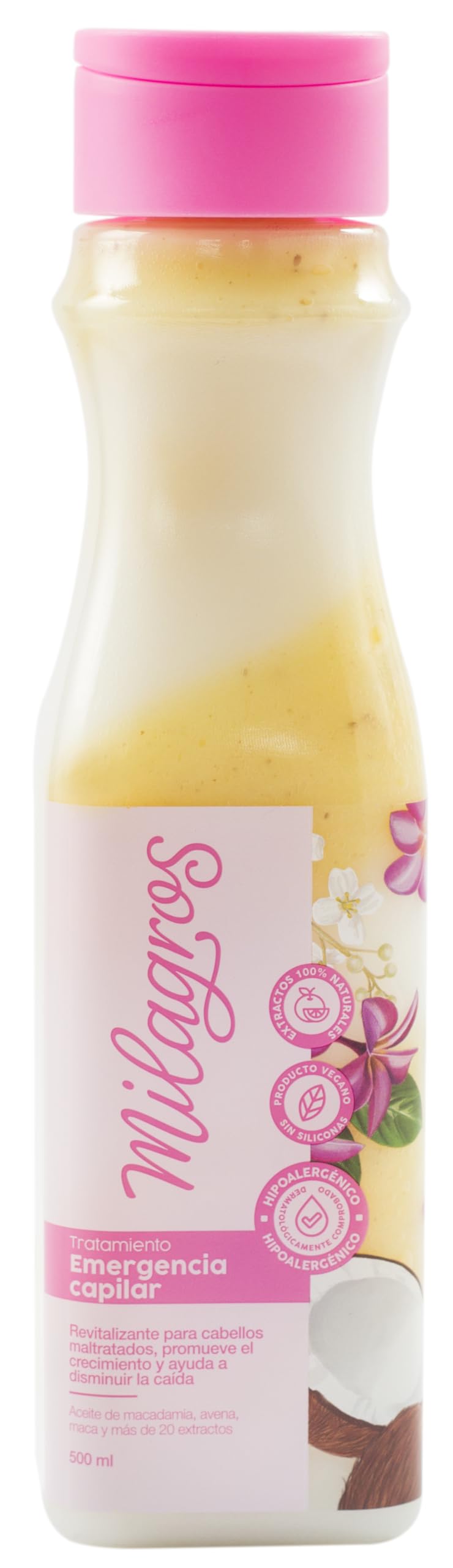 Milagros Emergency Hair Treatment bottle pour shows quick hydration potential for stressed strands