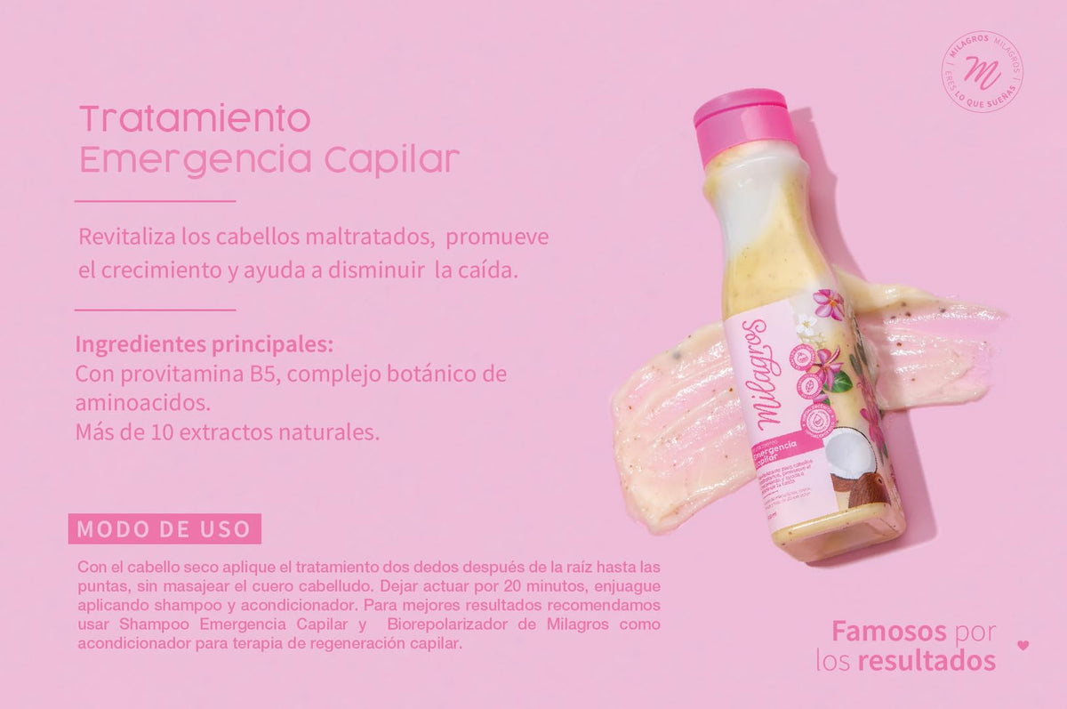 Milagros Emergency Hair Treatment packaging closeup highlights natural branding and eco-friendly packaging