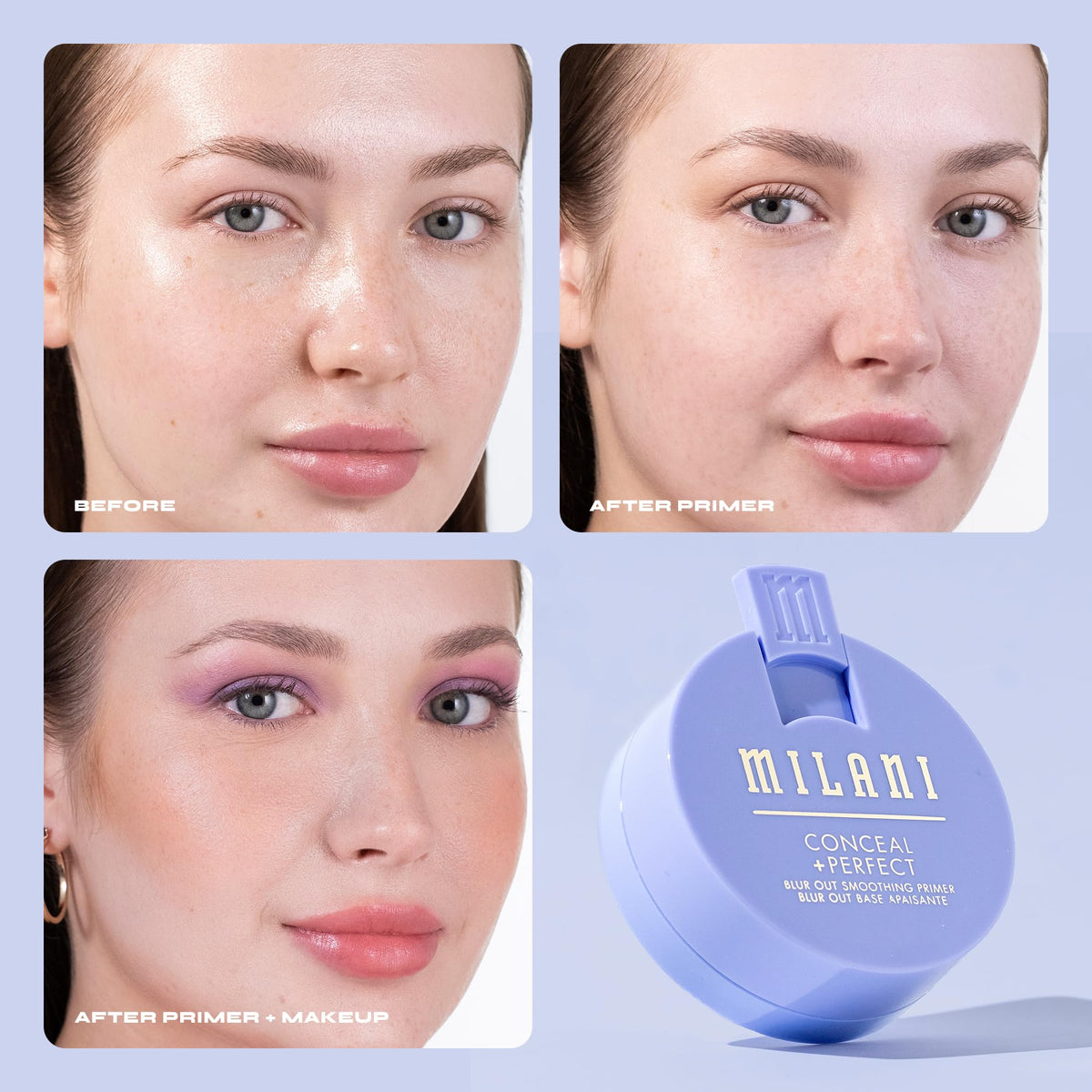 Milani Conceal + Perfect Blur Out Primer vegan cruelty-free badge visible.
