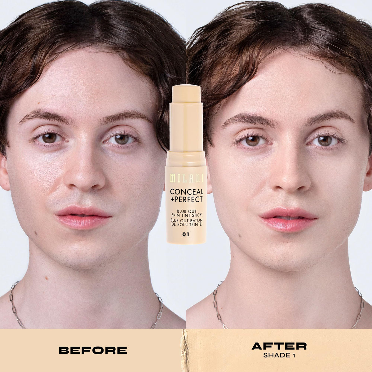 Milani Conceal + Perfect Blur Out Skin Tint Stick packaging highlighting inclusive shade range.