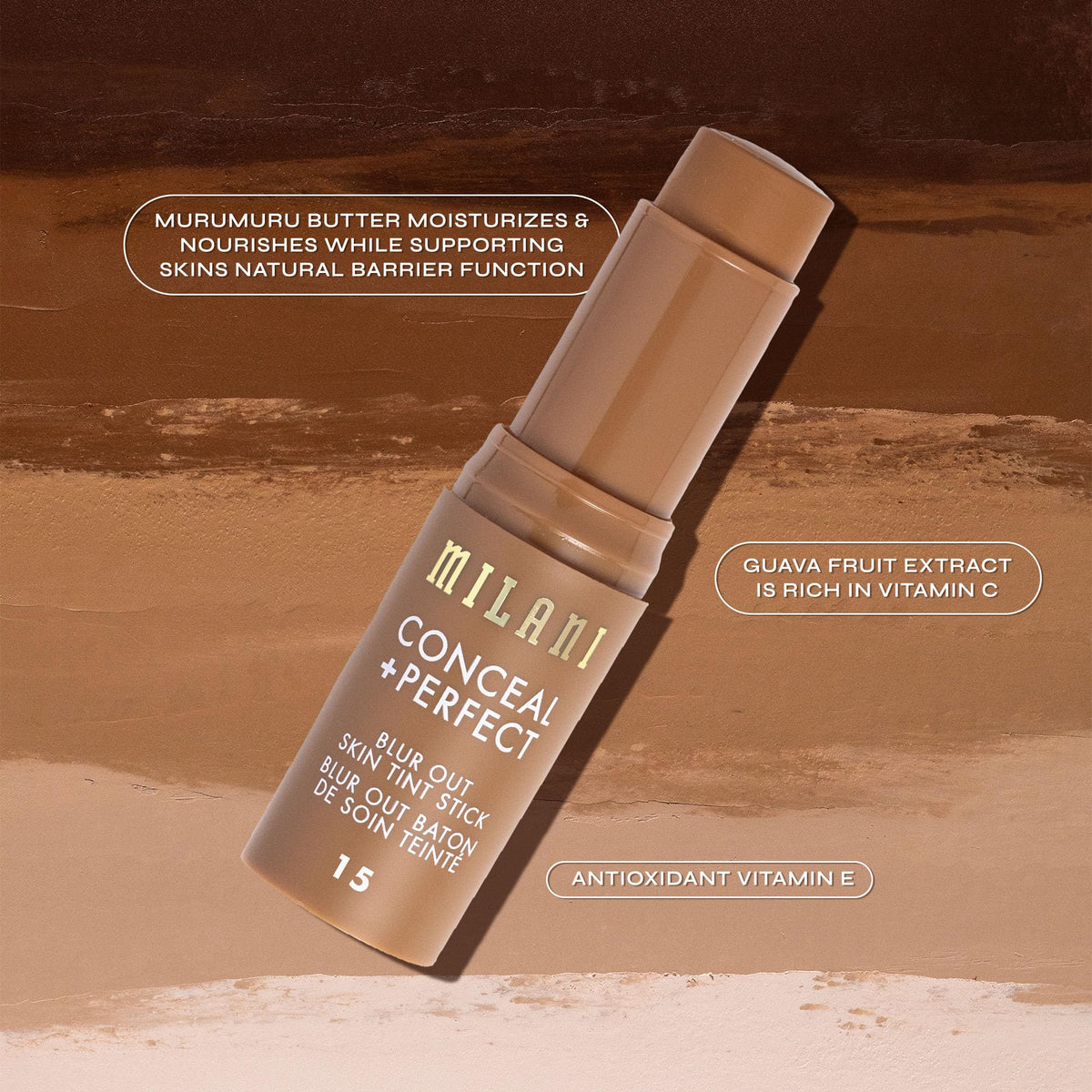 Milani Conceal + Perfect Blur Out Skin Tint Stick smooths texture for refined look.