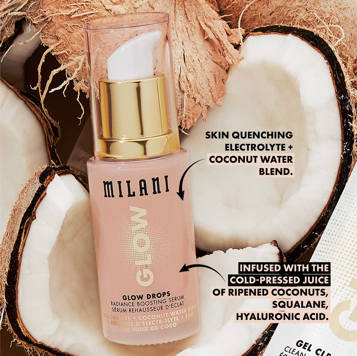 Milani Glow Drops with coconut water boost for hydration.