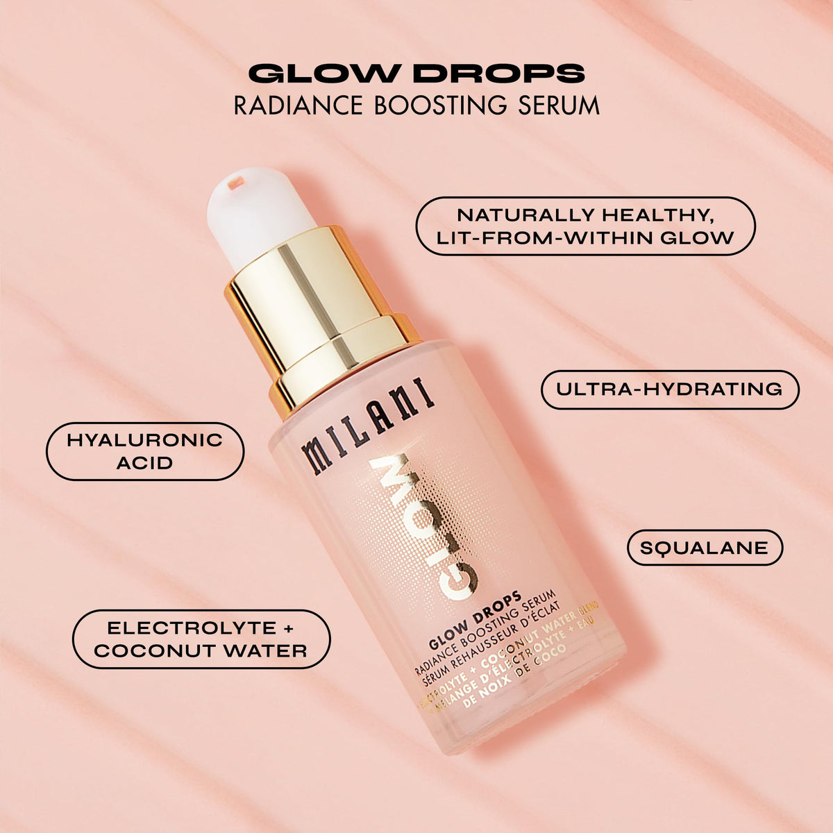 Milani Glow Drops on skin for fresh, hydrated glow.