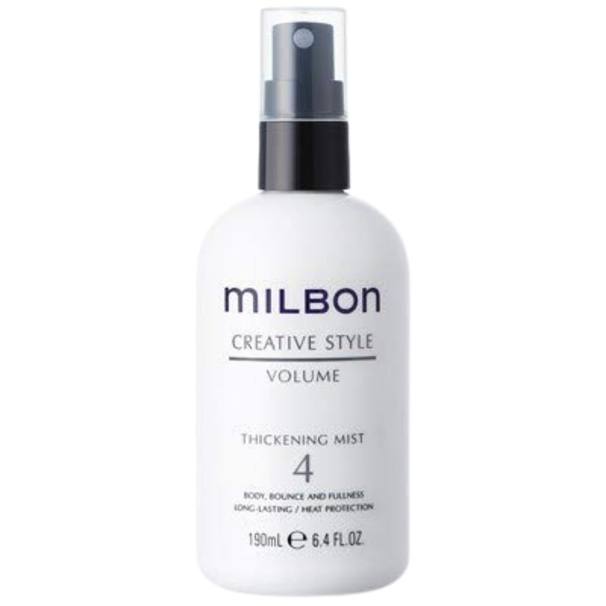 Milbon Creative Style Volume Thickening Mist bottle provides lift and flexible hold for voluminous blowouts.