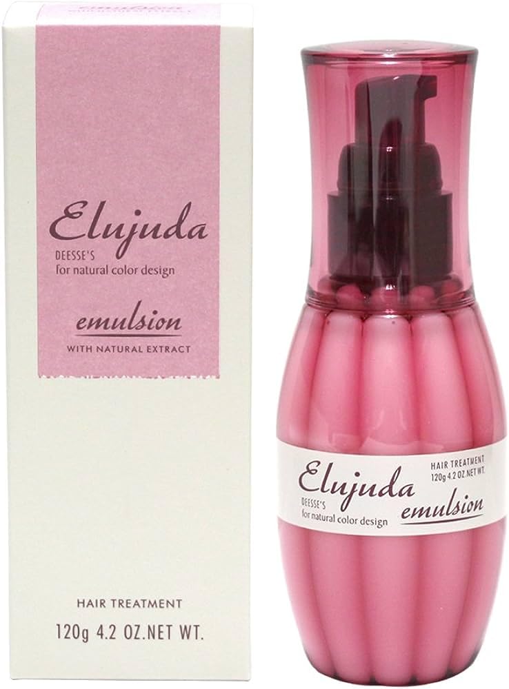 Milbon Elujuda Emulsion 120ml bottle detangles hair for easier styling.