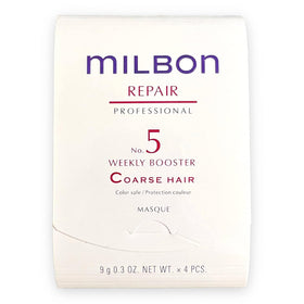 Milbon Repair No.5 Weekly Booster bottle shown for coarse hair care.