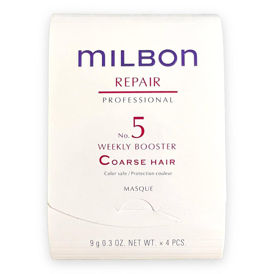 Milbon Repair No.5 Weekly Booster bottle shown for coarse hair care.