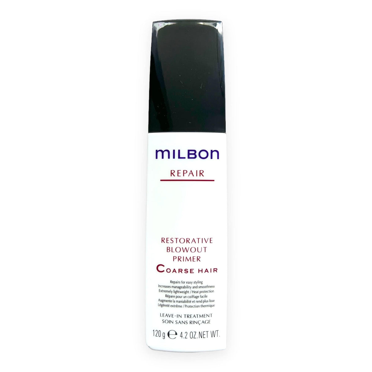 Milbon Repair Restorative Blowout Primer bottle close-up for heat protection and smooth blowouts