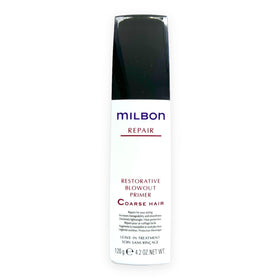 Milbon Repair Restorative Blowout Primer bottle close-up for heat protection and smooth blowouts