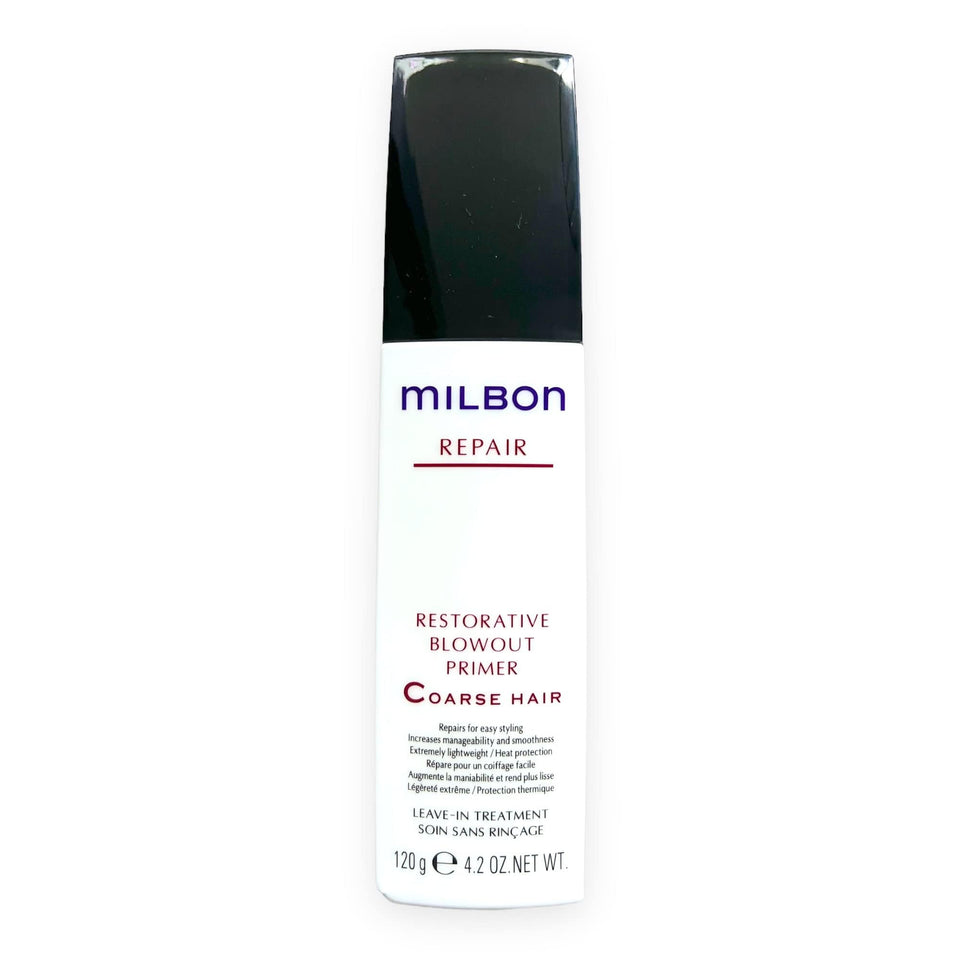 Milbon Repair Restorative Blowout Primer bottle close-up for heat protection and smooth blowouts