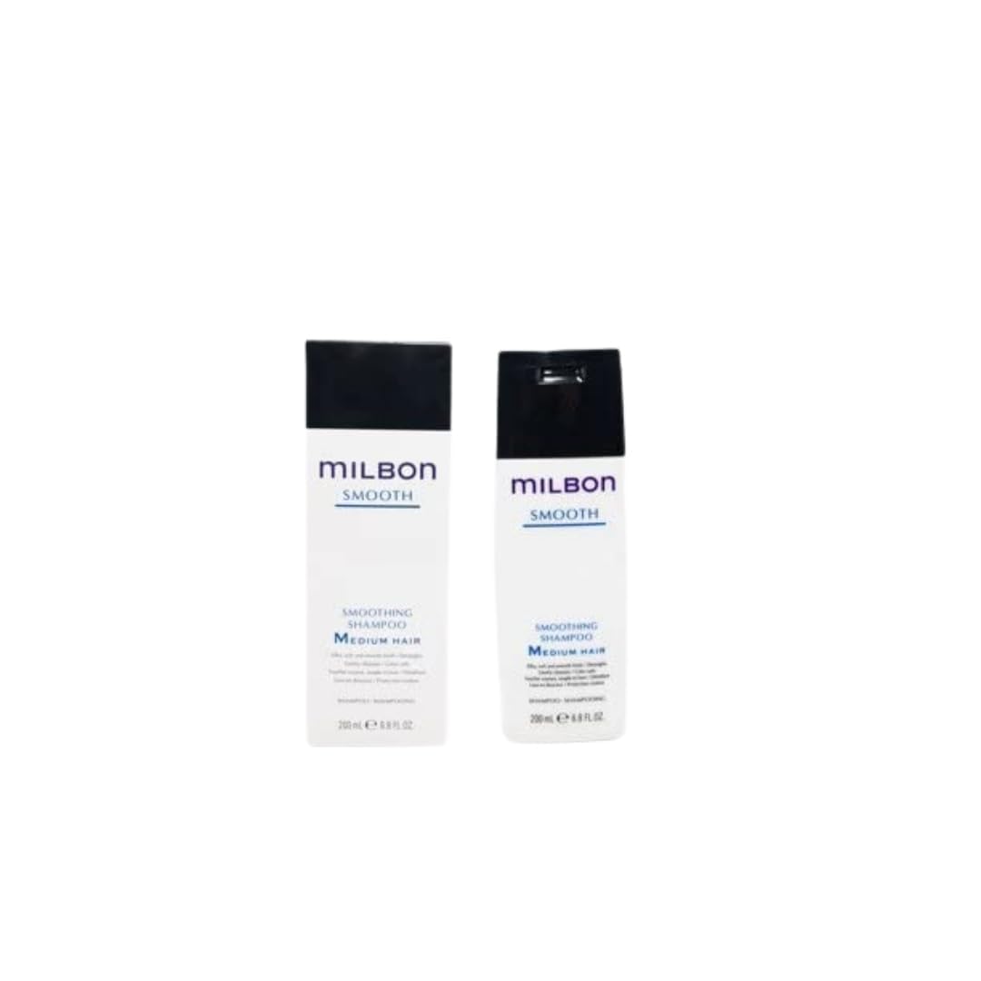 Milbon Smooth Smoothing Shampoo bottle close-up highlighting frizz control and hydration.