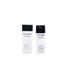Milbon Smooth Smoothing Shampoo bottle close-up highlighting frizz control and hydration.