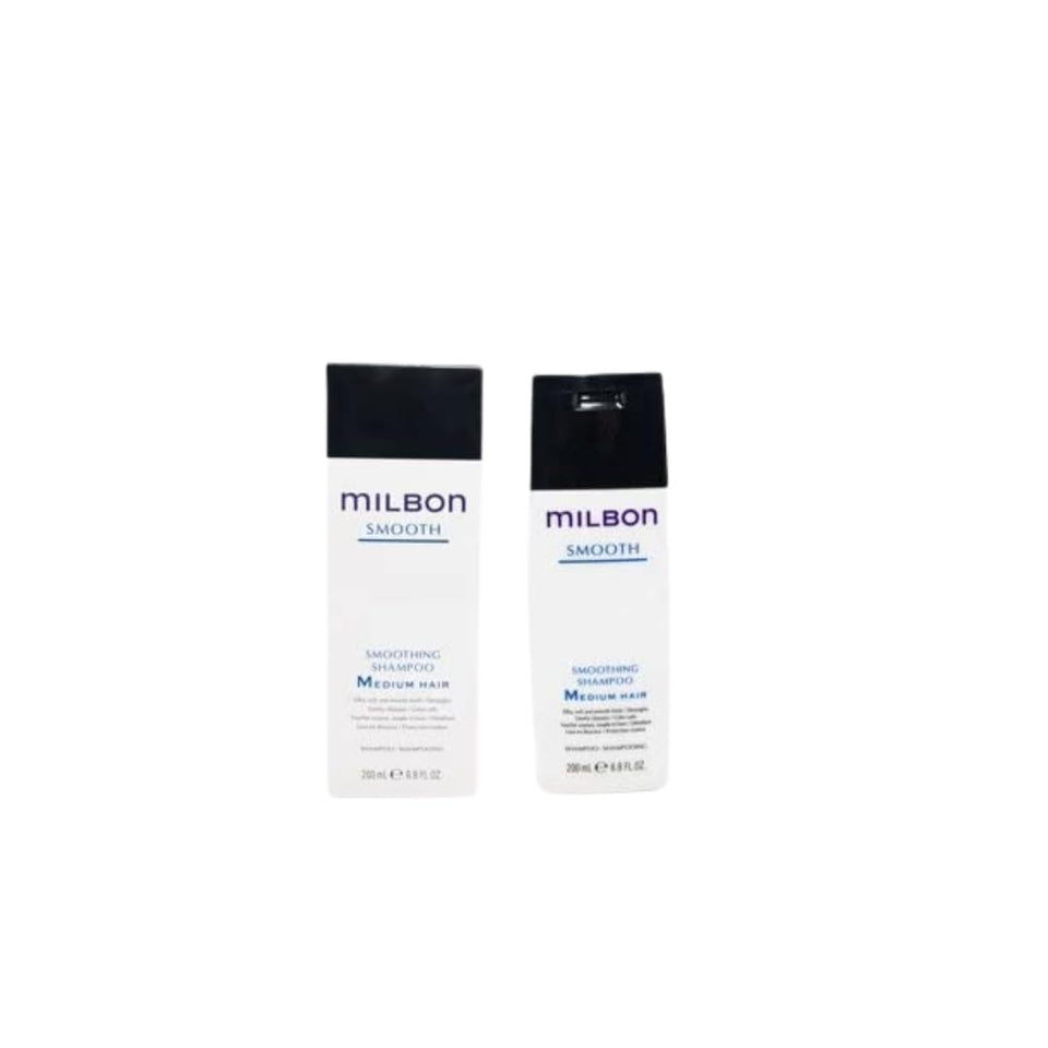 Milbon Smooth Smoothing Shampoo bottle close-up highlighting frizz control and hydration.